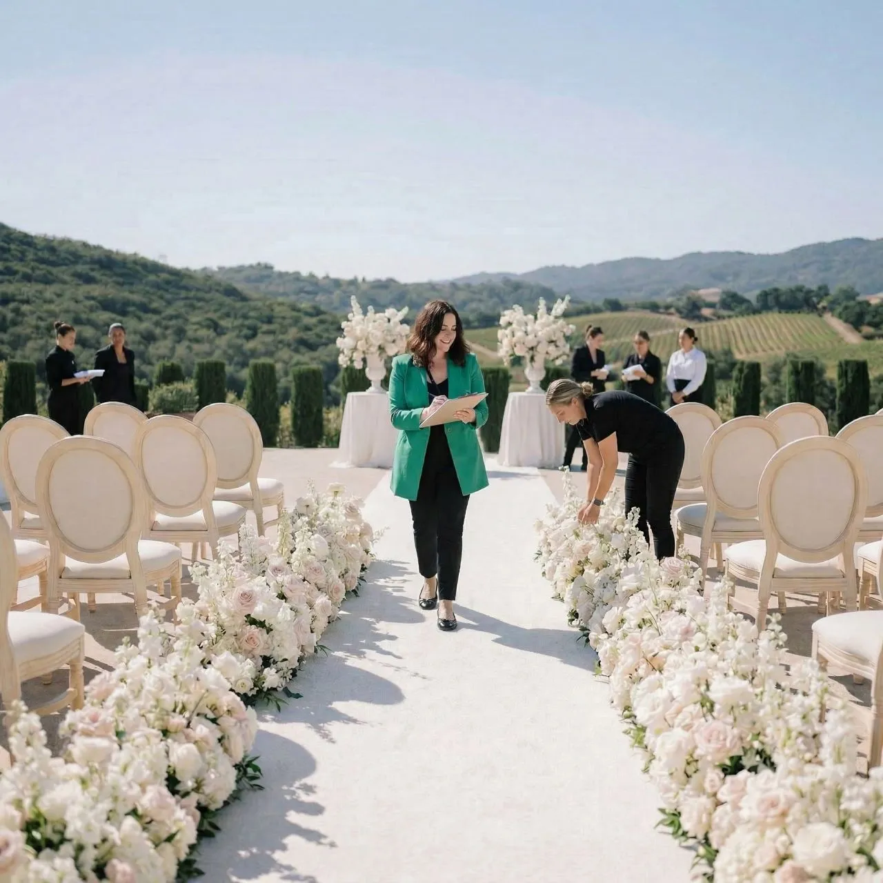 Luxury Italian wedding setup overlooking rolling hills and vineyards, bespoke floral design and attentive planning