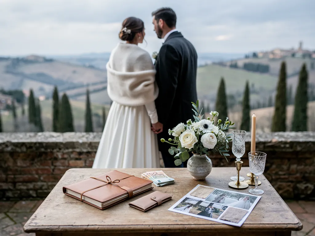 Couple reviewing wedding planning documents and paperwork before a December elopement